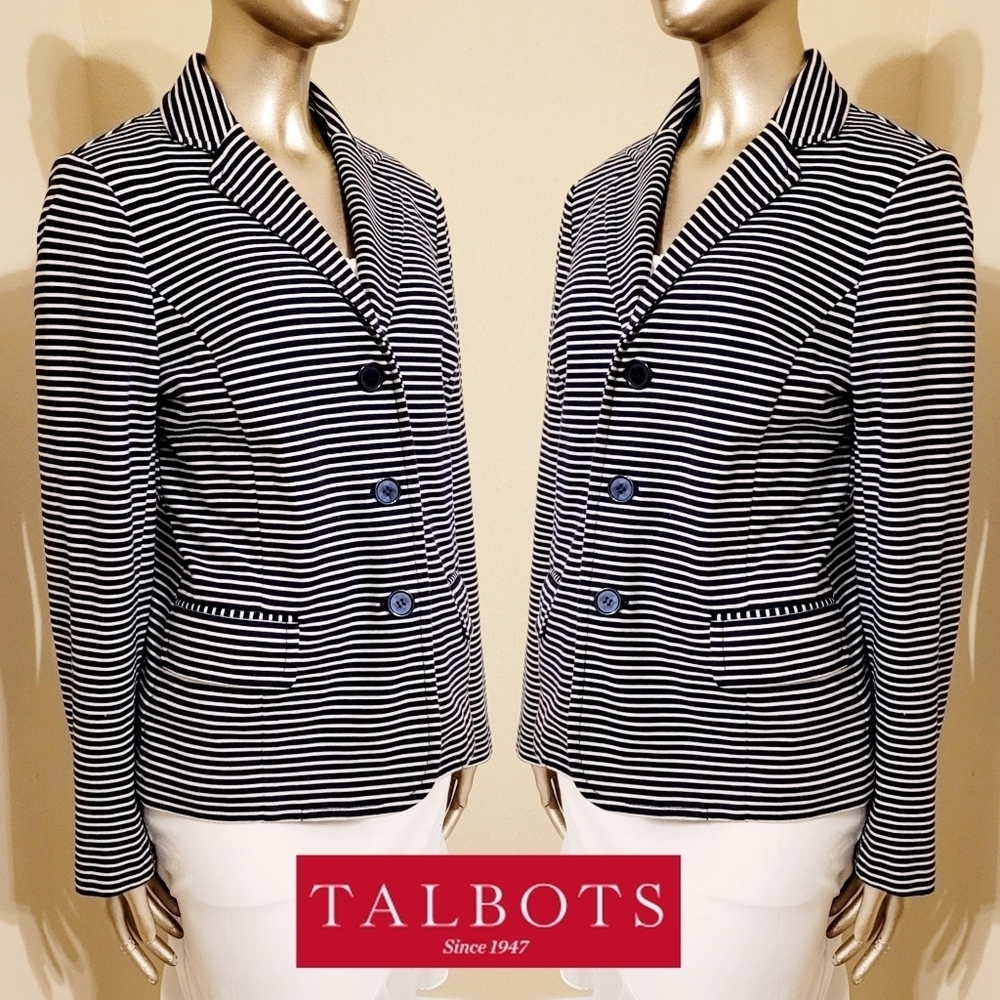 Talbots Navy Nautical Stripe Button Down Blazer Jacket Sz M